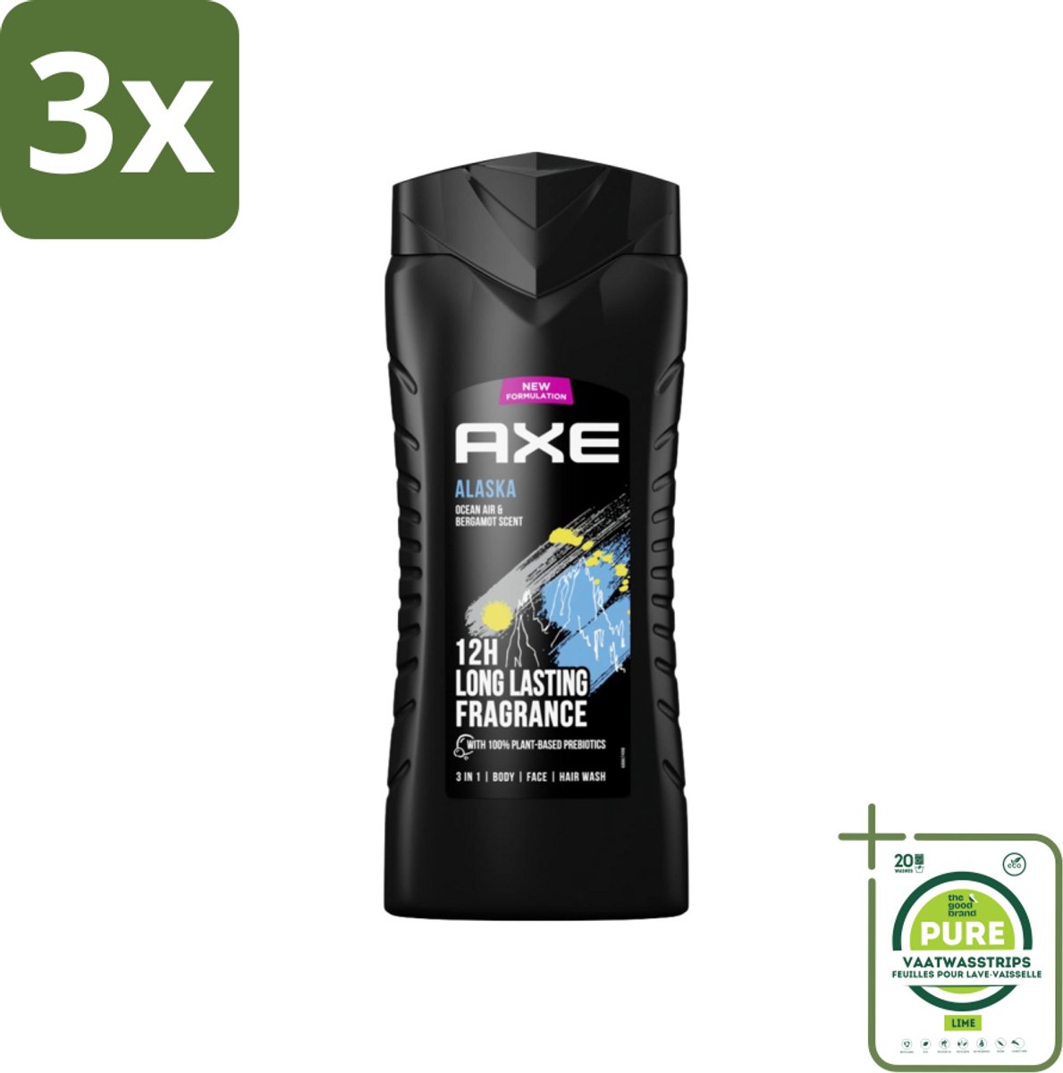 3 x Axe XL - 3-in-1 Douchegel - Alaska - Ocean Air & Bergamot - 12hrs Long Lasting Scent - 400 ml - Grootverpakking - Douchegel - Axe Alaska - Oceaanlucht - Bergamot - 3-in-1