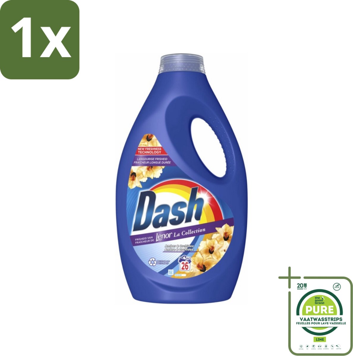 1 x Dash - Lenor Collectie - Vloeibaar Wasmiddel - Witte en Gekleurde Was - Amber & Orchidee - 26 Wasbeurten - Wasmiddel - Lenor - Wasverzachter - Vloeibaar Wasmiddel - Amber & Orchidee