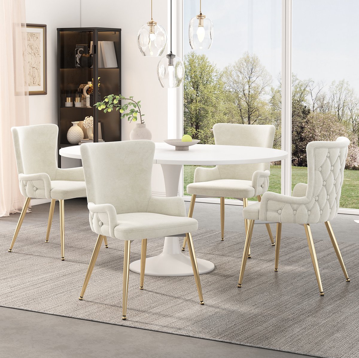 MIVRAY Eetkamerstoel - Set Van 4 - Met Armleuningen En Goudkleurige Metalen Poten - Voor Eetkamer En Woonruimte - Fluweel Beige