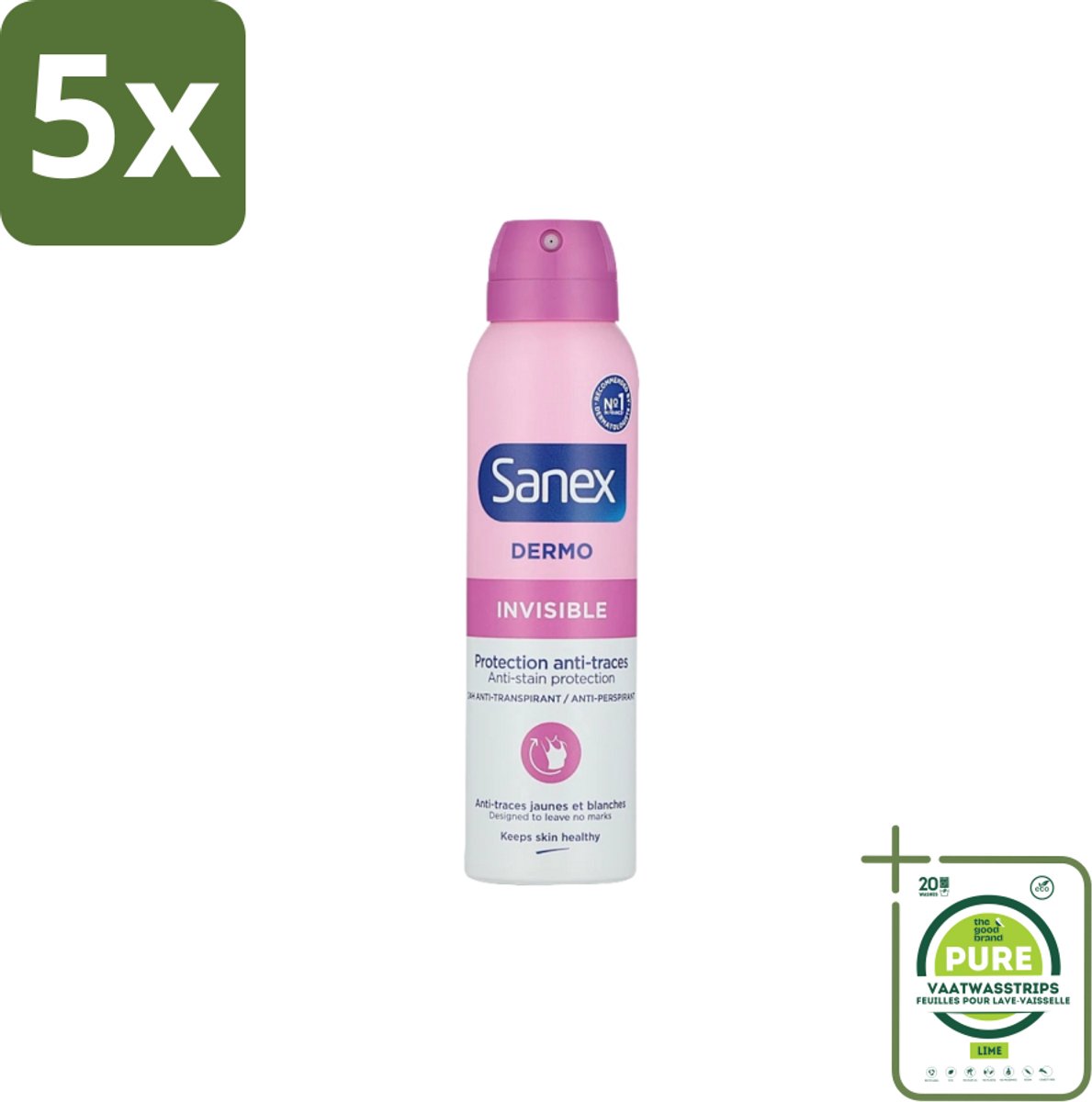 5 x Sanex – Deodorant Spray – Dermo Invisible – 150 ml - Grootverpakking - Onzezichtbare Deodorant - Deodorant Spray - Transpiratieregulatie - Huidbescherming - Strepenvoorkomend