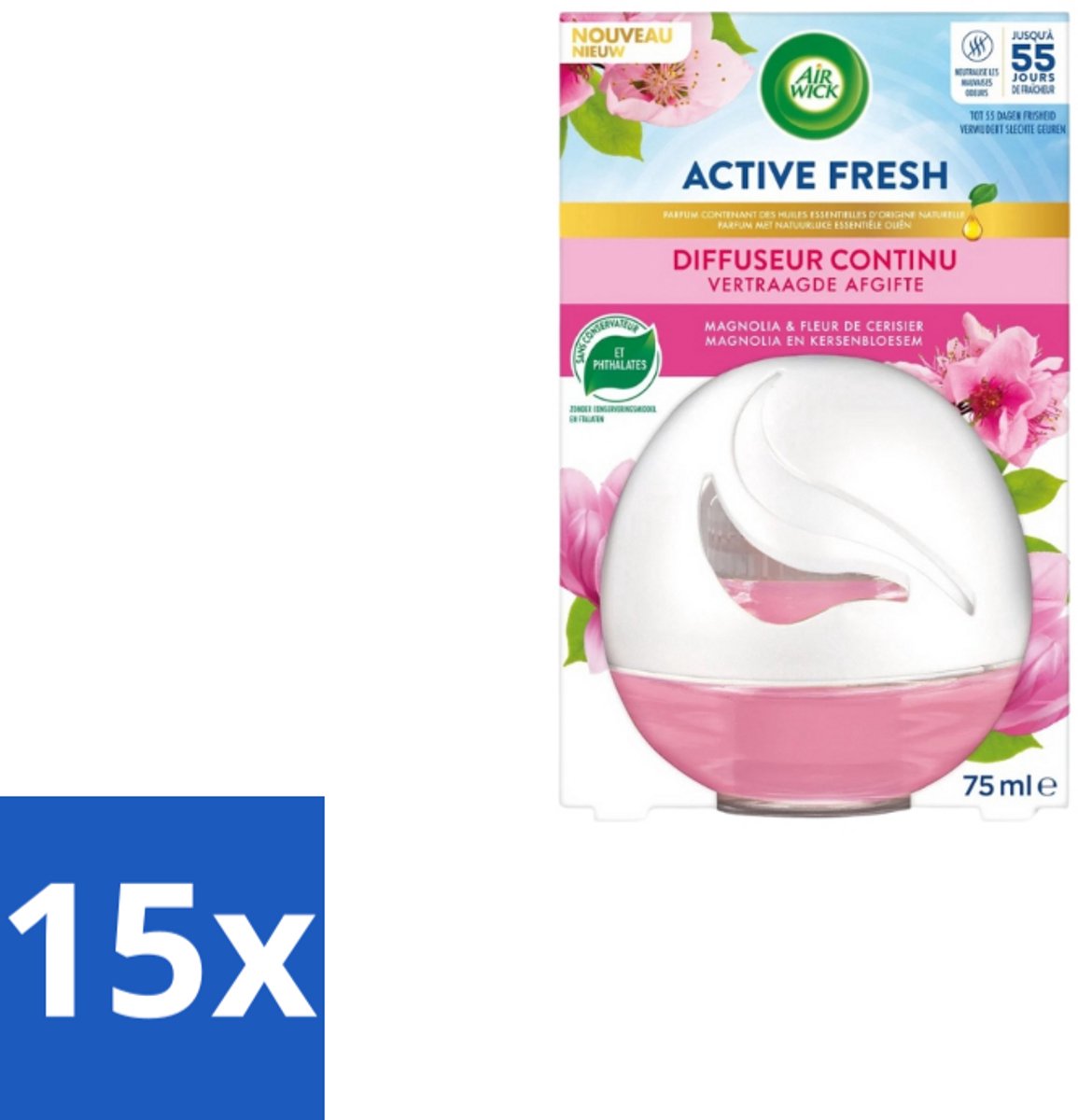 15 x Air Wick – Luchtverfrisser – Deco Sphere Magnolia & Kersenbloesem – 75 ml - Luchtverfrisser - Geur - Bloemige Geur - Magnolia - Kersenbloesem