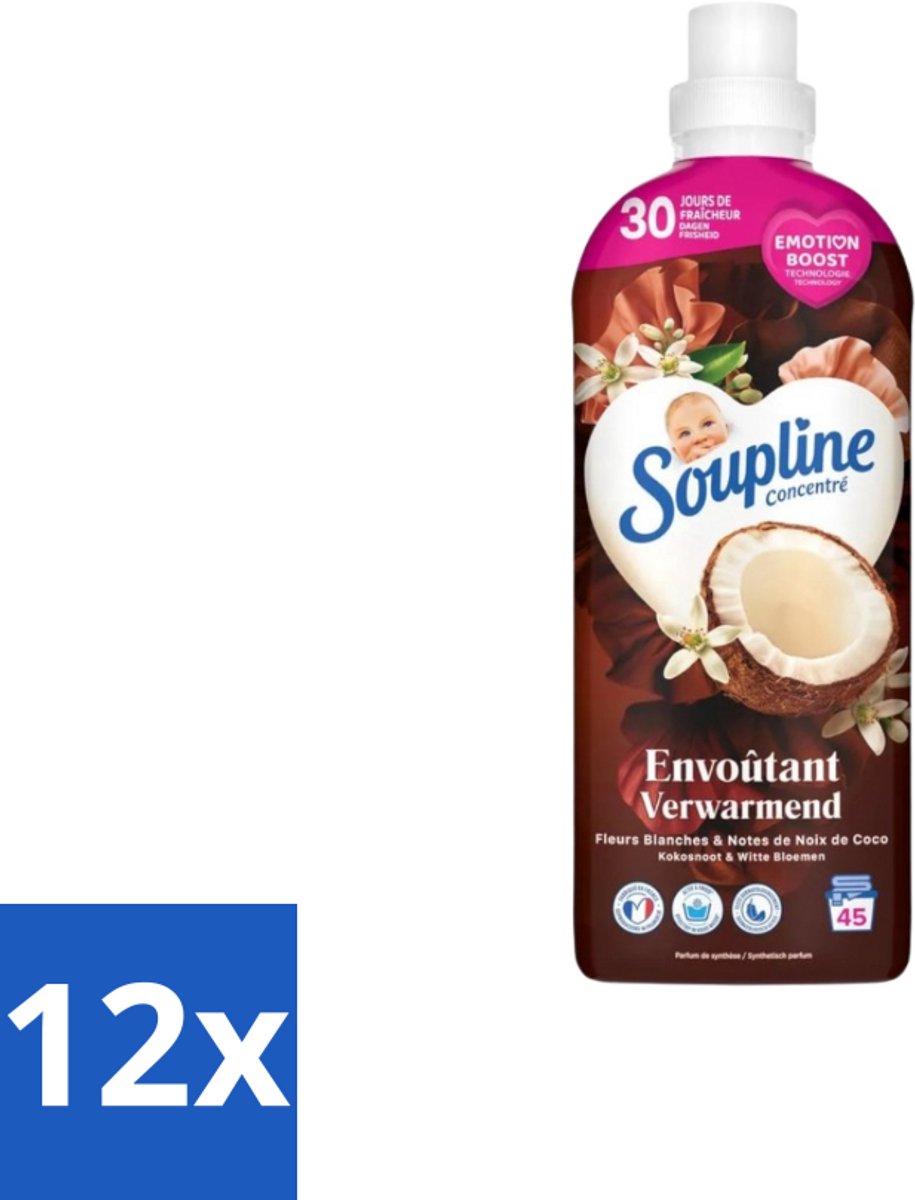 Soupline – Wasverzachter – Verwarmende Kokosnoot & Witte Bloemen – 950 ml - Voordeelverpakking - 12 stuks
