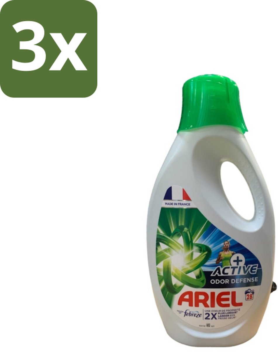3 x Ariel – Vloeibaar Wasmiddel – Active Odor Defense – 1,26 L – 28 wasbeurten - Geurverwijderend Wasmiddel - Sportkleding Wassen - Activiteit Kleding - Geurneutralisatie - Wasmiddel 1.26 L