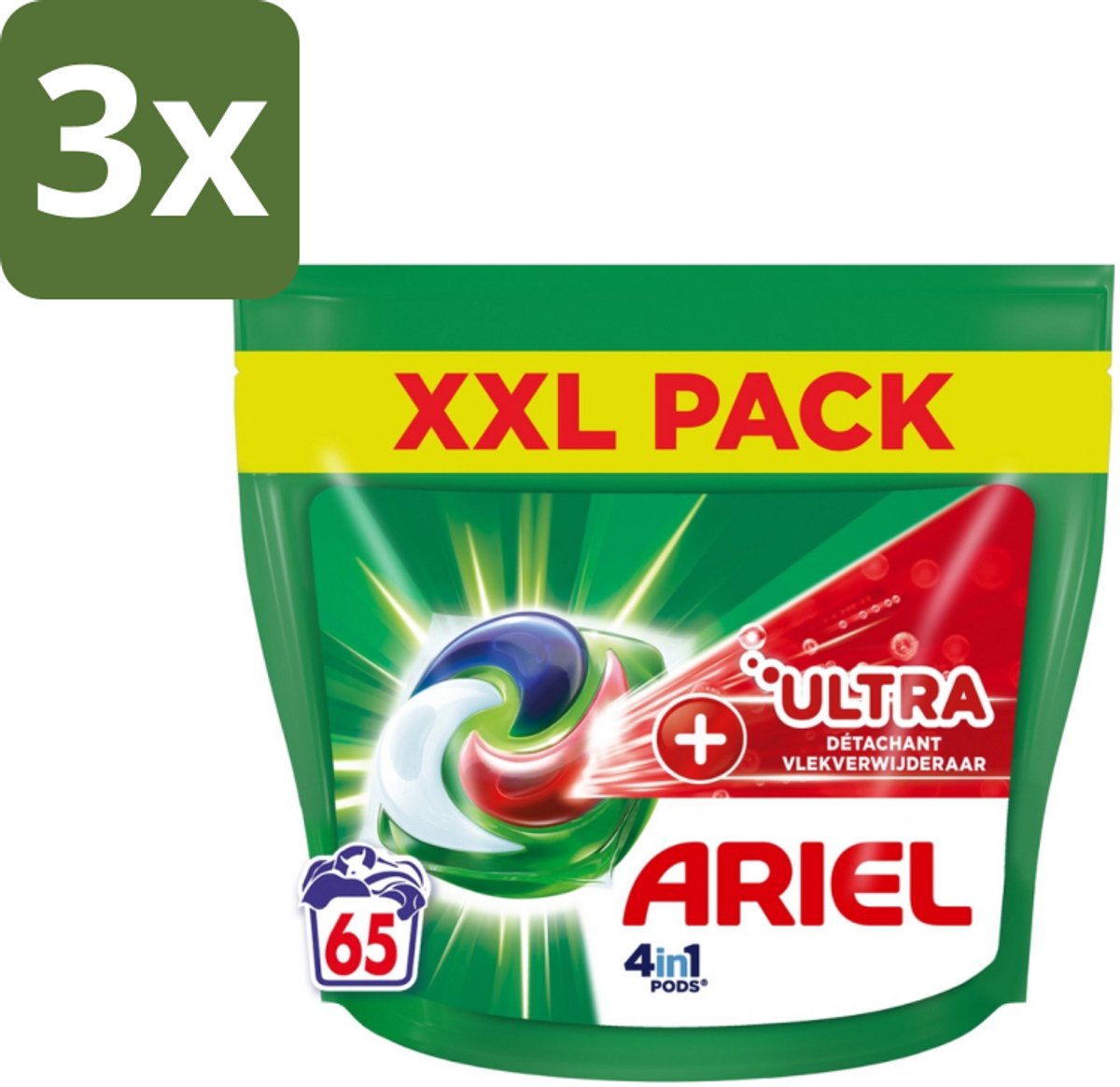 3 x Ariel – 4in1 Pods – Ultra Vlekverwijderaar – 65 wasbeurten - Vlekverwijderaar Wasmiddel - Krachtige Waspods - Ariel 4in1 Pods - Ultra Vlekverwijdering - Ingedroogde Vlekken