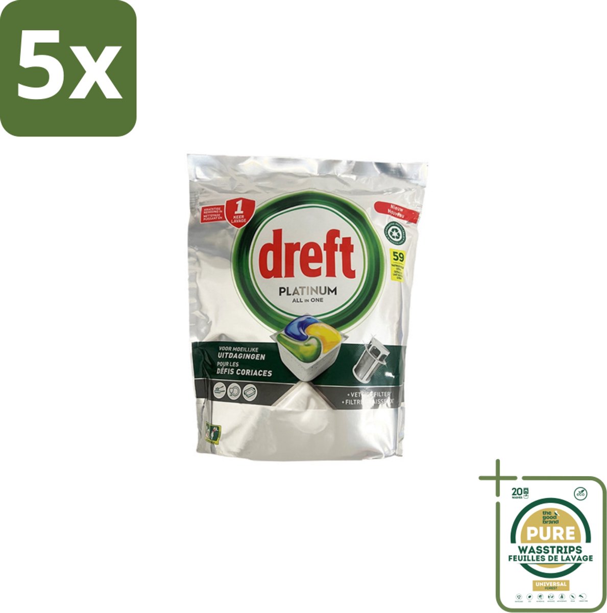 5 x Dreft – Vaatwastabletten – All-in-One Platinum – Lemon – 59 Tabletten - Grootverpakking - Vaatwastabletten - Vaatwasser - Vetverwijderen - Glasbescherming - Citroengeur