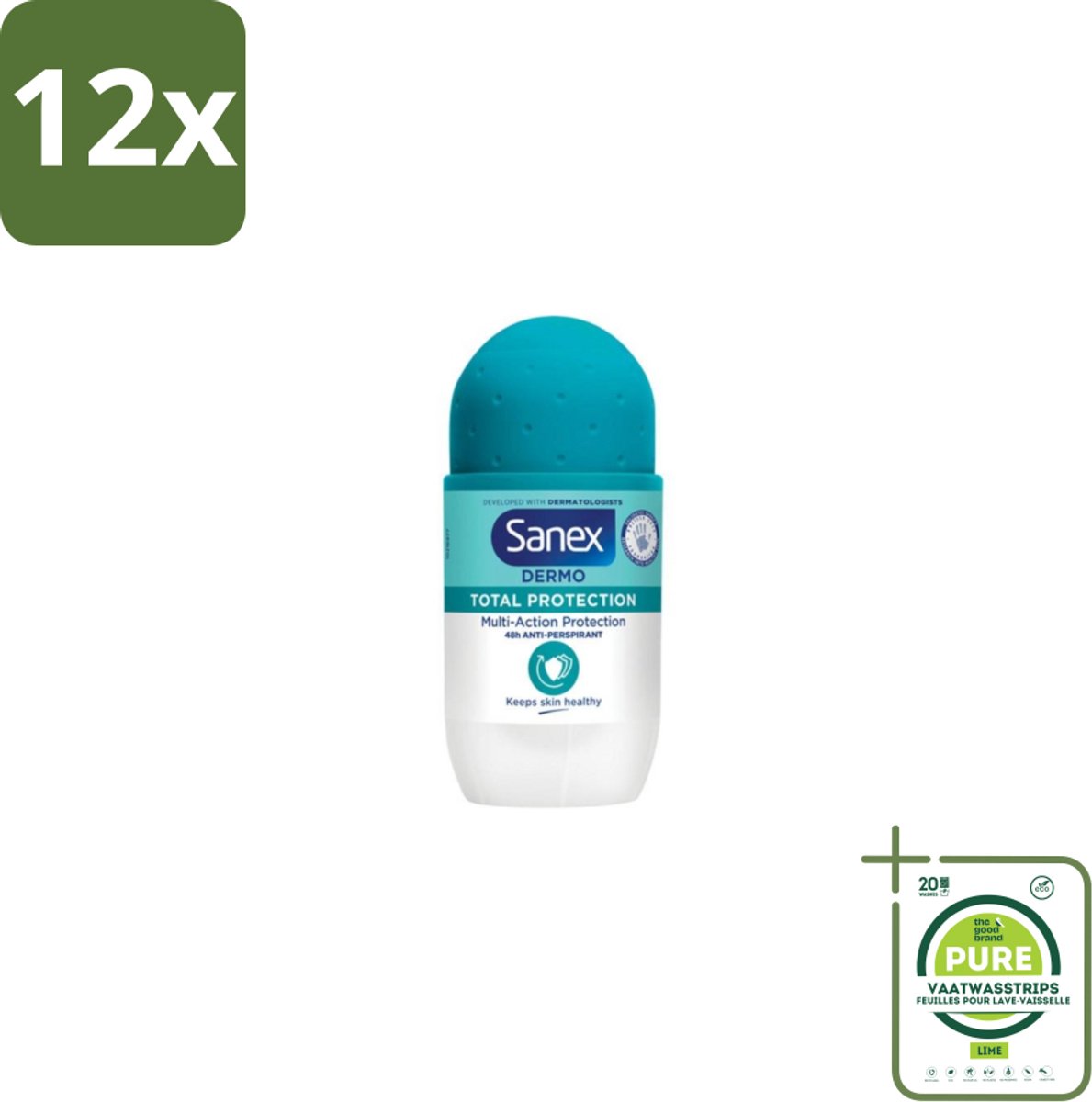 Sanex – Deodorant Roll-On – Dermo Total Protection – 50 ml - Voordeelverpakking - 12 stuks - Douche - Deodorant roll-on