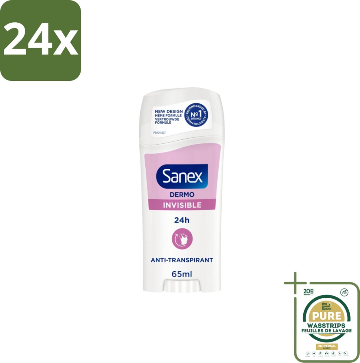 Sanex – Deodorant Stick – Dermo Invisible – 65 ml - Voordeelverpakking - 24 stuks - Onzichtbare deodorant - Huidvriendelijke deodorant