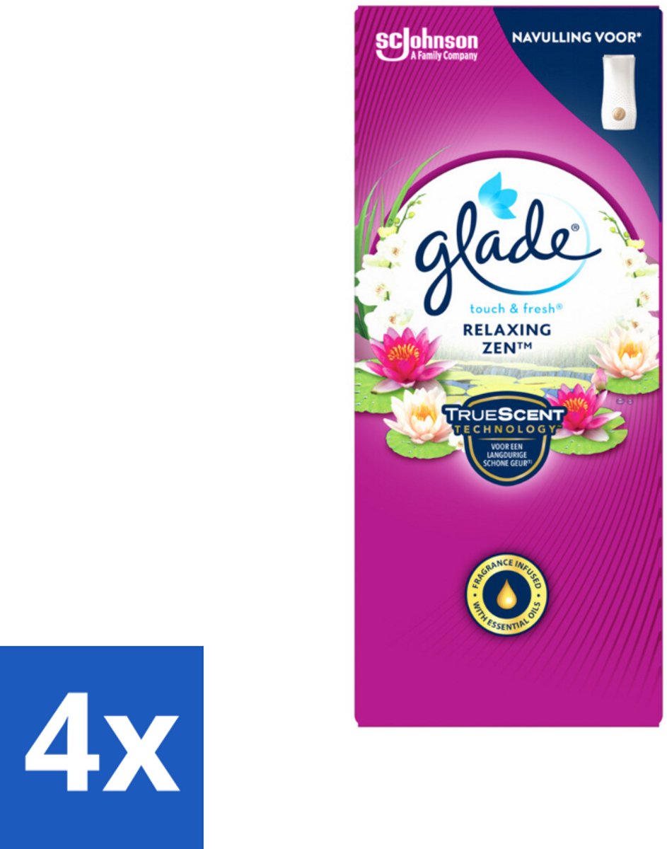 4 x Glade – Touch & Fresh Navulling – Relaxing Zen – 10 ml - Geurboost - Luchtverfrisser - Ontspannende Geur - Frisse Geur - Sandelhout