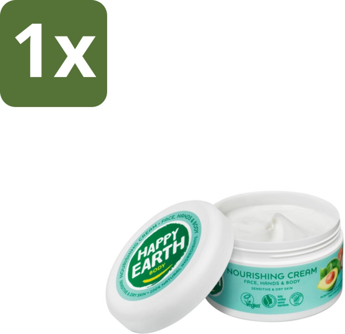 1 x Happy Earth – Voedende Crème – 100% Natuurlijk – 200 ml - Voedende Crème - Droge Huid - Natuurlijke Crème - Vegan Crème - Avocado-olie