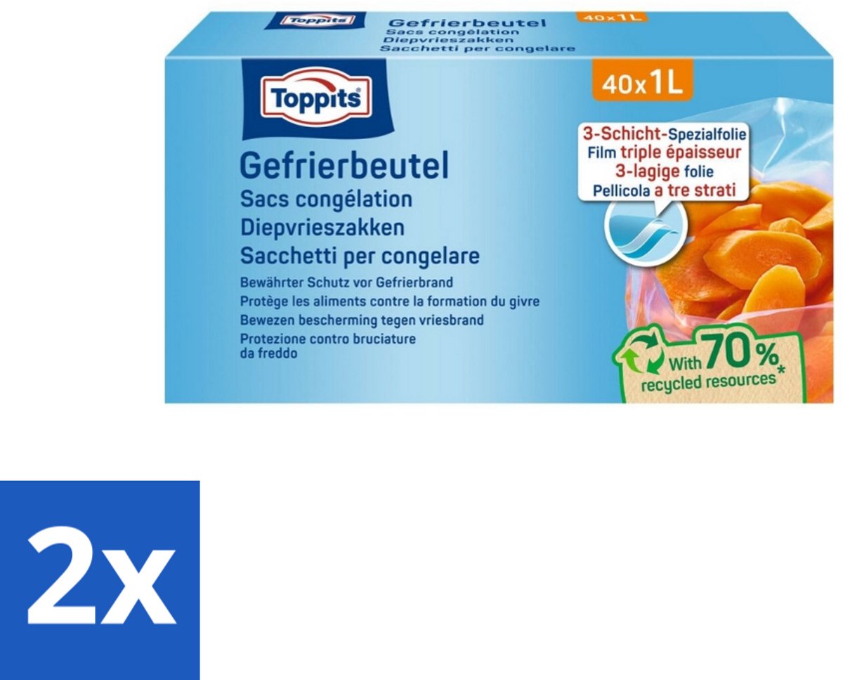 2 x Toppits – Diepvrieszakjes – 1 Liter – 40 Zakjes - Diepvrieszakken - Vriesbrand Beschermen - Smaak Behouden - Voedingsstoffen Behouden - Flexibele Bodem