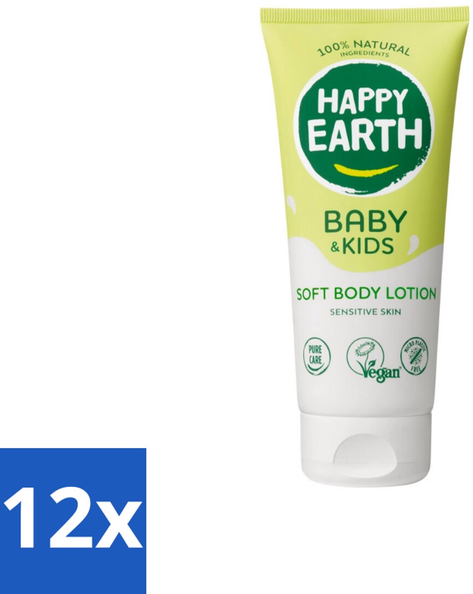 12 x Happy Earth – Bodylotion – 100% Natuurlijk Baby & Kids – 200 ml - Babylotion - Kinderhuid - Natuurlijke Bodylotion - Gezonde Huid - Gevoelige Huid
