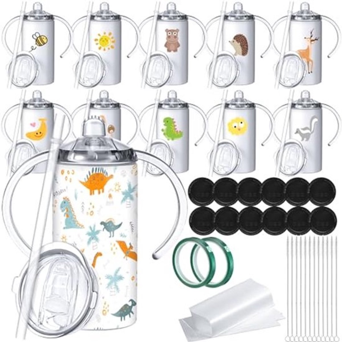 12 sets 12oz sippy cups voor peuters - Isolerende RVS-tumbler met deksel en rietjes, inclusief 2 heat tape en 12 coasters