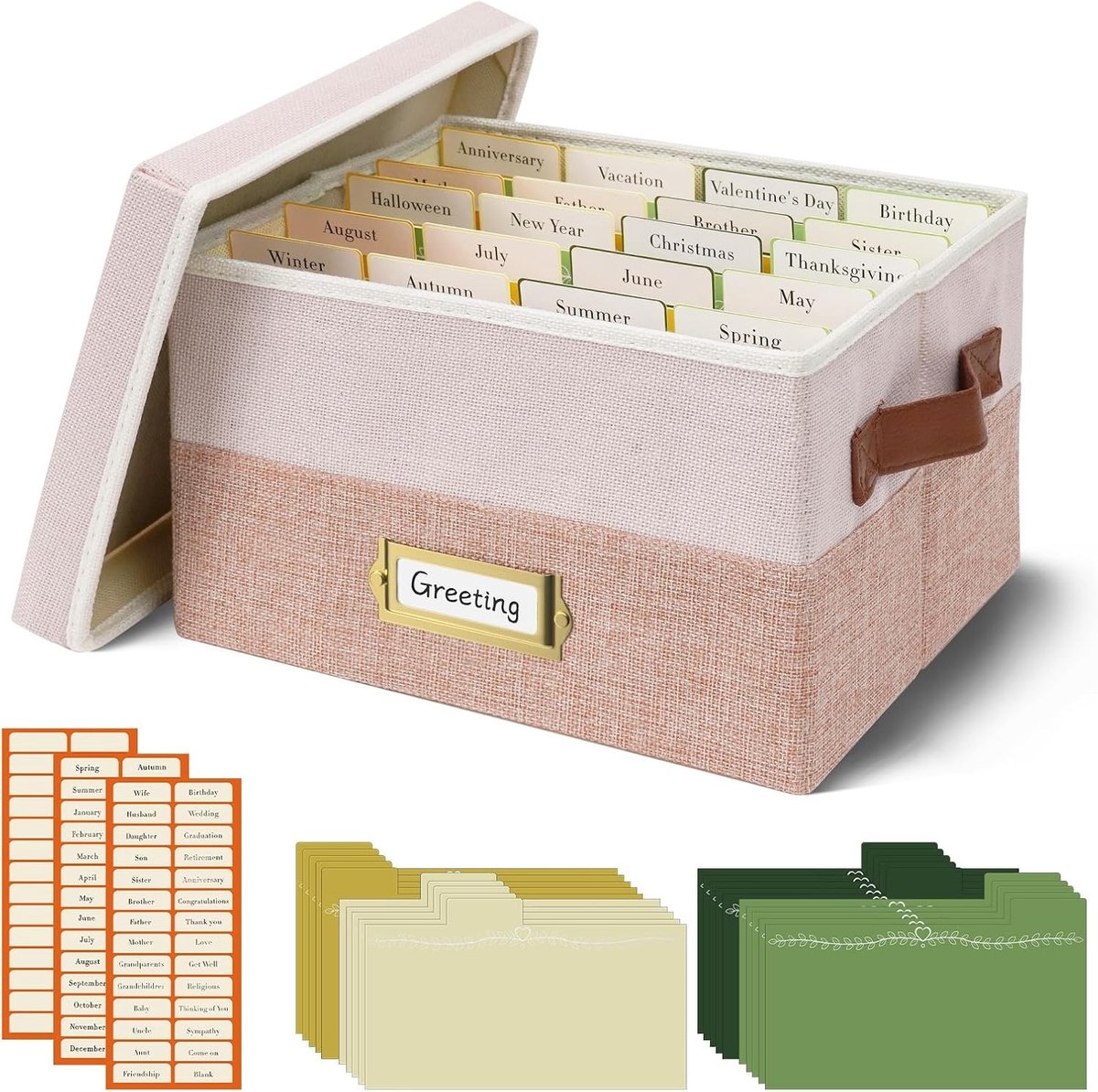 Opbergdoos voor Wenskaarten met 20 Verwijderbare Scheidingswanden en 84 Zelfklevende Labels - Vouwbaar en Ideaal voor Wenskaarten, Foto's, Enveloppen en Postkaarten (Roze)