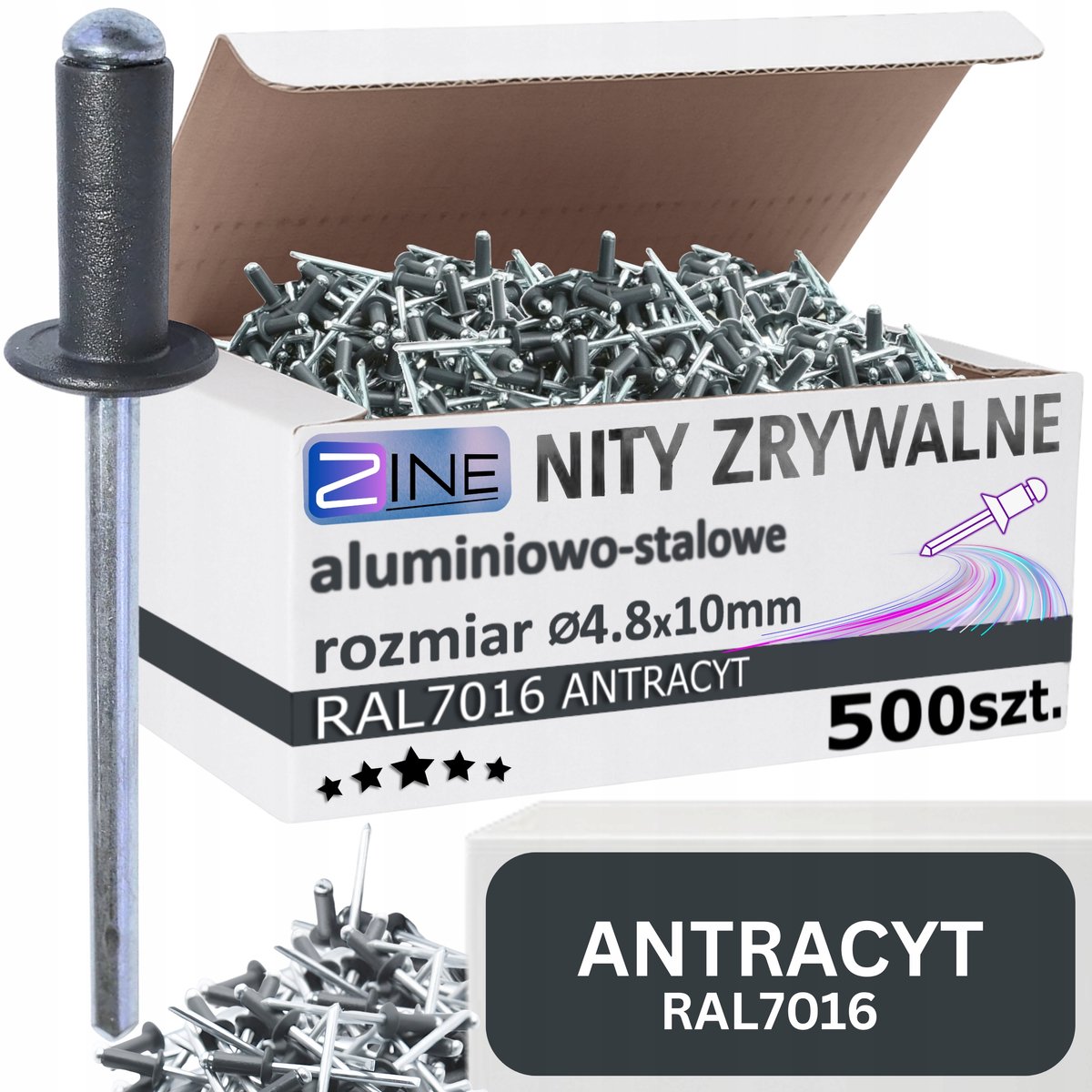 500x Antraciet RAL 7016 Aluminium Blindklinknagels 4.8x10mm
