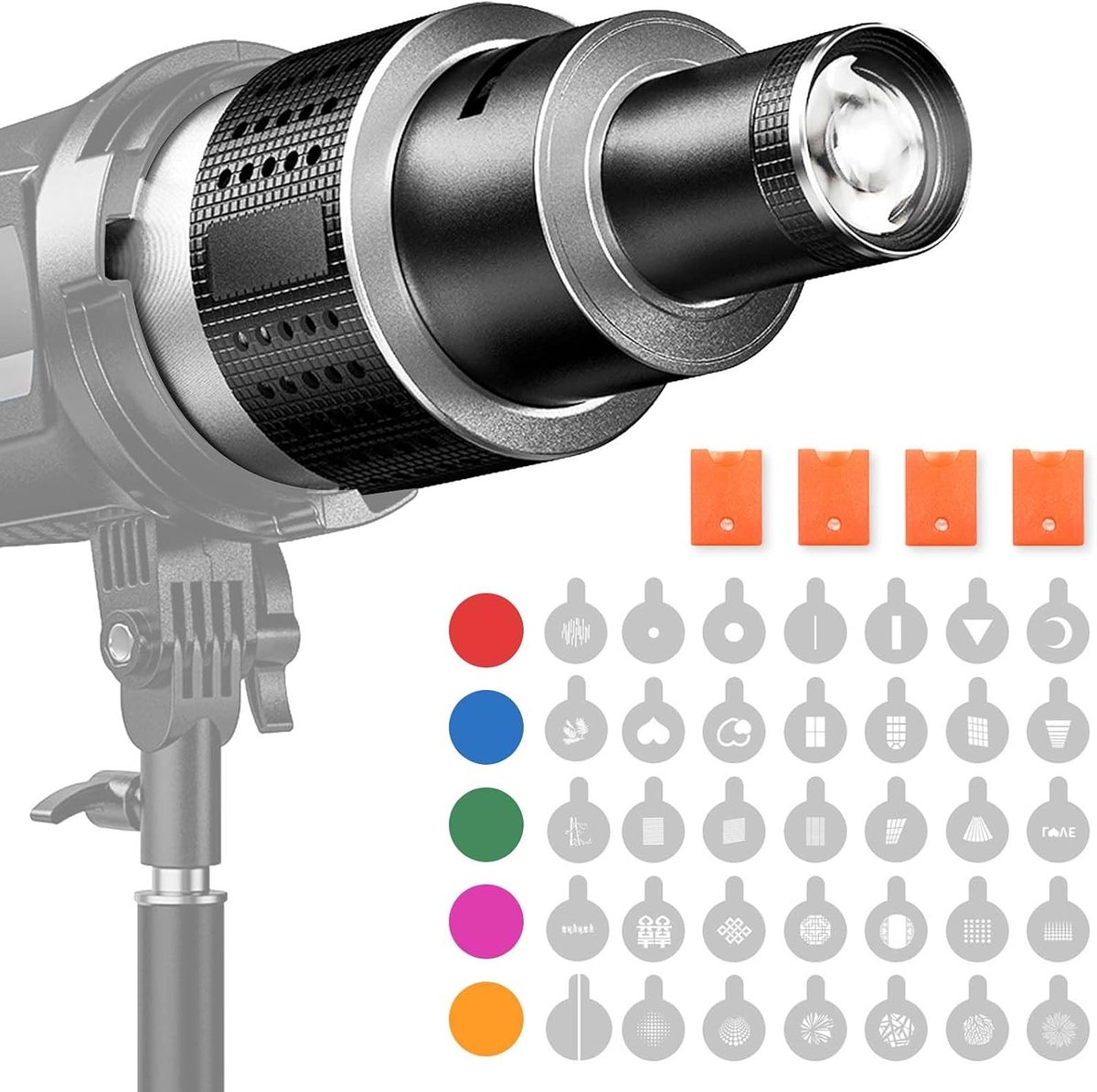 Optische Snoot met 35 Gobos en 5 Kleurfilters voor Bowens Mount, Lichtvormer en Spot Attachment voor Fotografie en Videoproductie