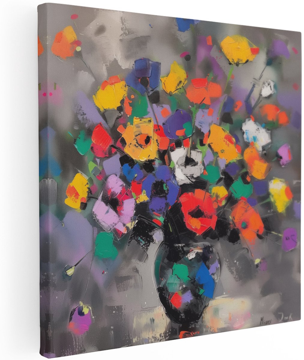 Artaza Canvas Schilderij Kunstwerk van Kleurrijke Bloemen in een Vaas - Bloemen - 100x100 cm - Groot - Wanddecoratie Woonkamer - Schilderijen - Muurdecoratie