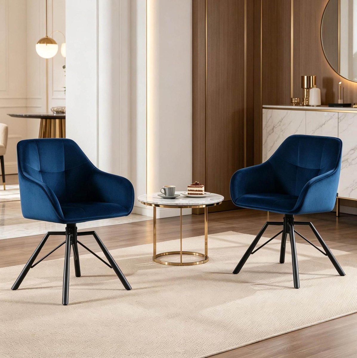 DESMIU Eetkamerstoel - Draaibare Kuipstoel Set Van 2 - Met Armleuningen En Zachte Velours Zitting - Voor Keuken En Woonkamer - Metaal - Blauw Blue