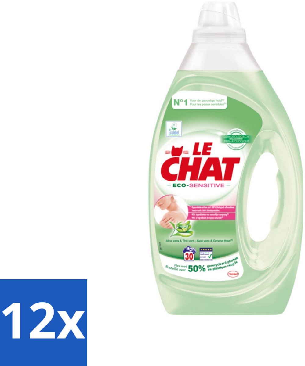 12 x Le Chat Eco-Sensitive - Vloeibaar Wasmiddel - Witte en Gekleurde Was - Aloë Vera & Groene Thee - 30 Wasbeurten - Wasmiddel - Ecologisch - Biologisch - Gevoelige Huid - Vloeibaar