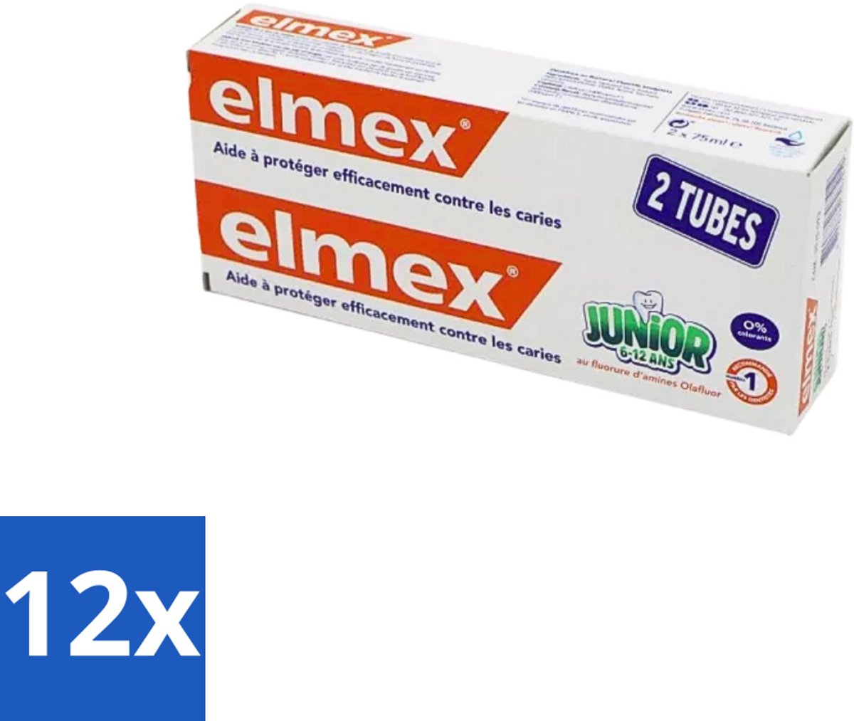 12 x Elmex Junior Tandpasta - Bescherming & Versterking voor Blijvende Tanden - Set van 2 x 75ml - Tandpasta Voor Kinderen - Kinder Tandpasta - Elmex Junior - Tandbederf Voorkomen - Fluoride Tandpasta