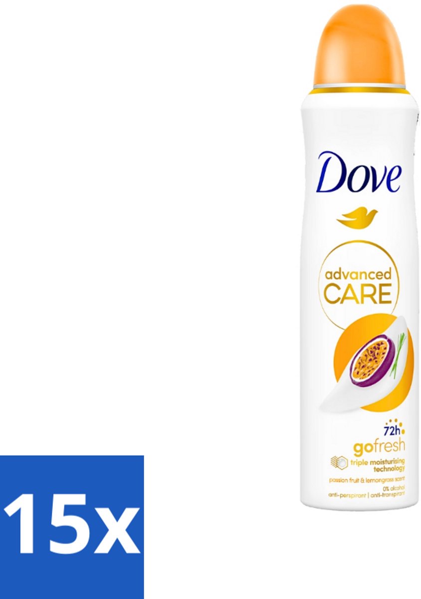 15 x Dove - Deospray - Passievrucht & Citroengras - 150 ml - Passievrucht En Citroengras - Anti-transpirant - Deospray - Okselbescherming - Geur