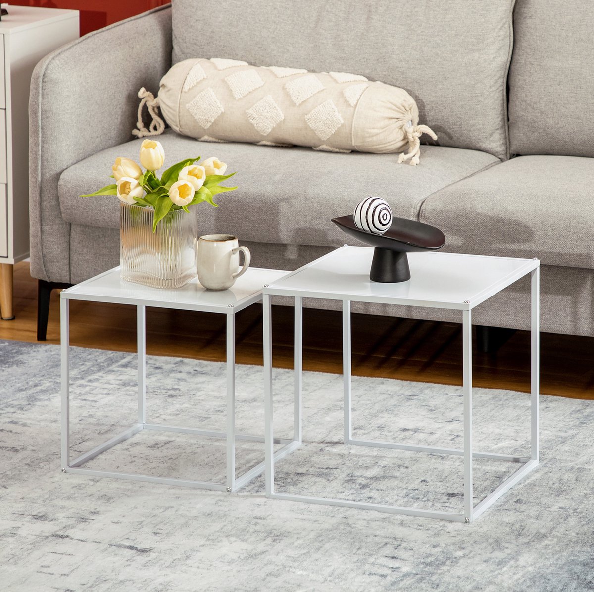 STILVORA Bijzettafel Set Van 2 Moderne Vierkante Couchtafels Met Staalframe Voor Woonkamer En Sofa Wit 40 En 35 Cm