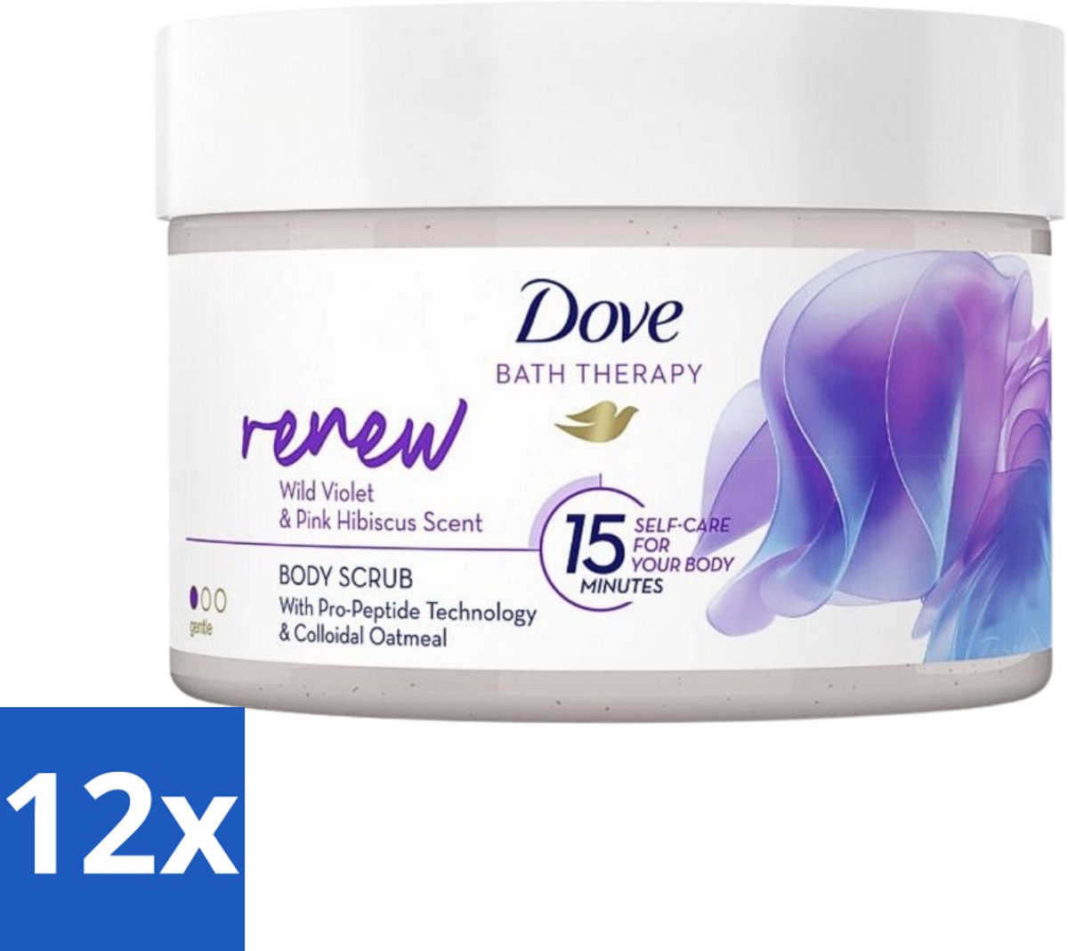 12 x Dove Bath Therapy Renew - Bodyscrub - Wilde Viooltjes & Roze Hibiscus - 295 ml - Huidverzorging - Bodyscrub - Exfoliëren - Dove - Voeden