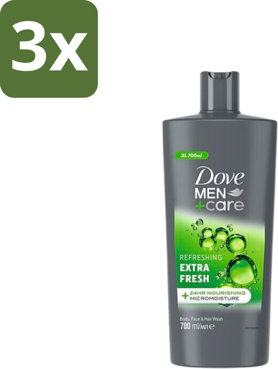 3 x Dove Men+Care - Extra Fresh - Douchegel 3-in-1 - Verzorgend - 700 ml - Douchegel Voor Mannen - Verfrissende Douche - Hydraterende Douche - Gezichtsproduct Voor Mannen - Haarproduct Voor Mannen