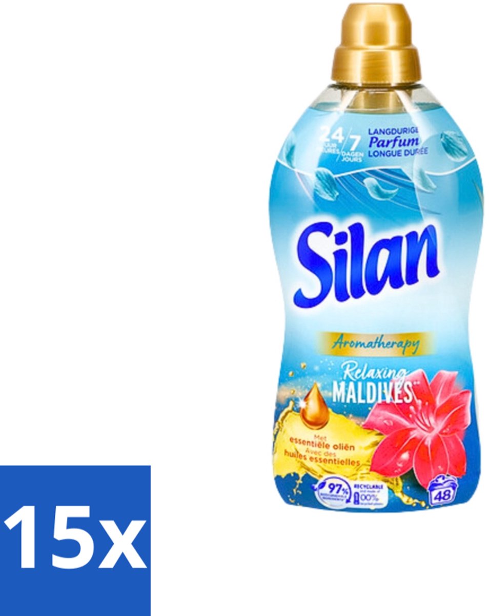 15 x Silan Aromatherapy - Wasverzachter - Relaxing Maldives - Essentiële Oliën en Langdurige Parfum - 48 Wasbeurten - 1.056L - Wasverzachter - Tropische Geur - Essentiële Oliën - Kleding Zachtheid - Wasgoed Frisheid