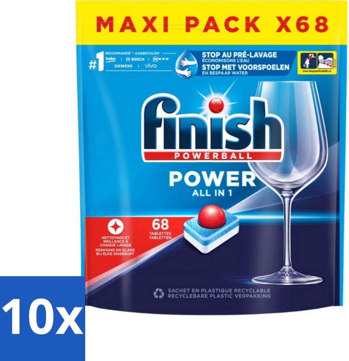 10 x Finish Powerball - Power All in 1 - Vaatwastabletten - Reiniging & Glans - 68 Tabletten - Vaatwastabletten - Vaatwasmiddel - Reiniging - Vaatwasser - Anti-kalk