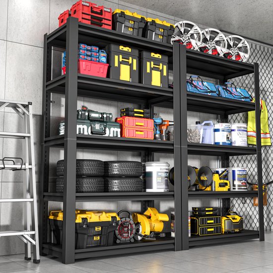 Wishdor Metalen opbergrek - 5 niveaus - 650 kg draagvermogen - Verstelbaar en deelbaar tot 2 werkbanken - Industrieel - Garage magazijn werkplaats - Staal - Zwart - 160 x 80 x 40 cm — afbeelding 2