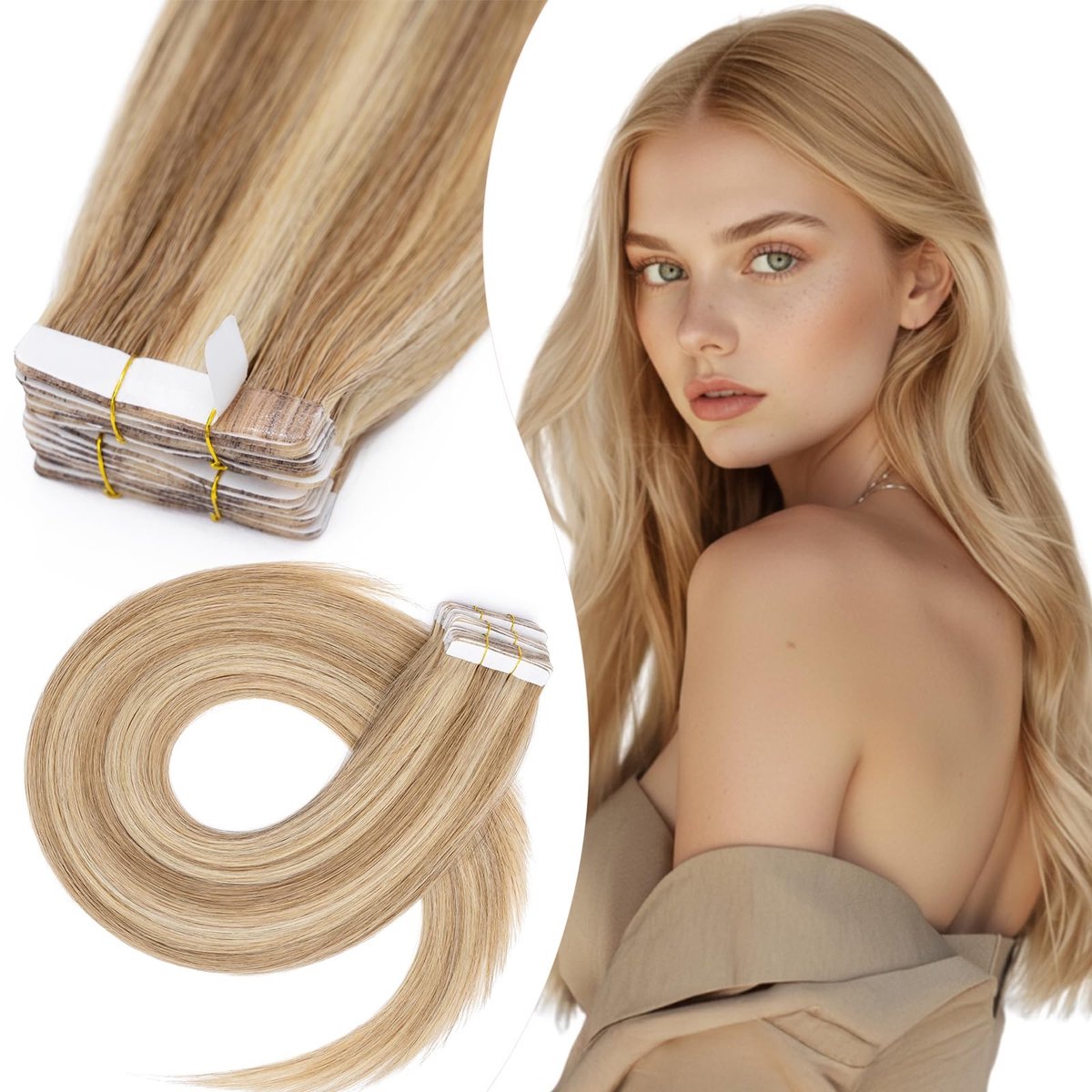 Elzusha - Tape-in Haar Extensions 10 Stuks 50 cm Gouden Bruin/Bleach Blond Mix
