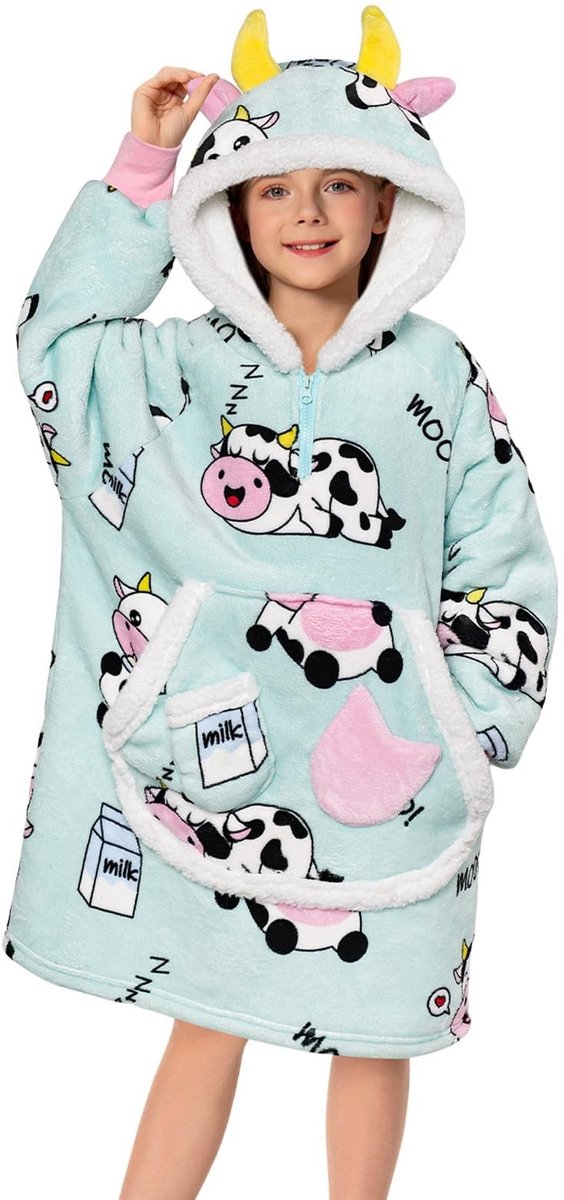 Elzusha - Oversized Hoodie Deken voor Kinderen - Sherpa Fleece - Koe