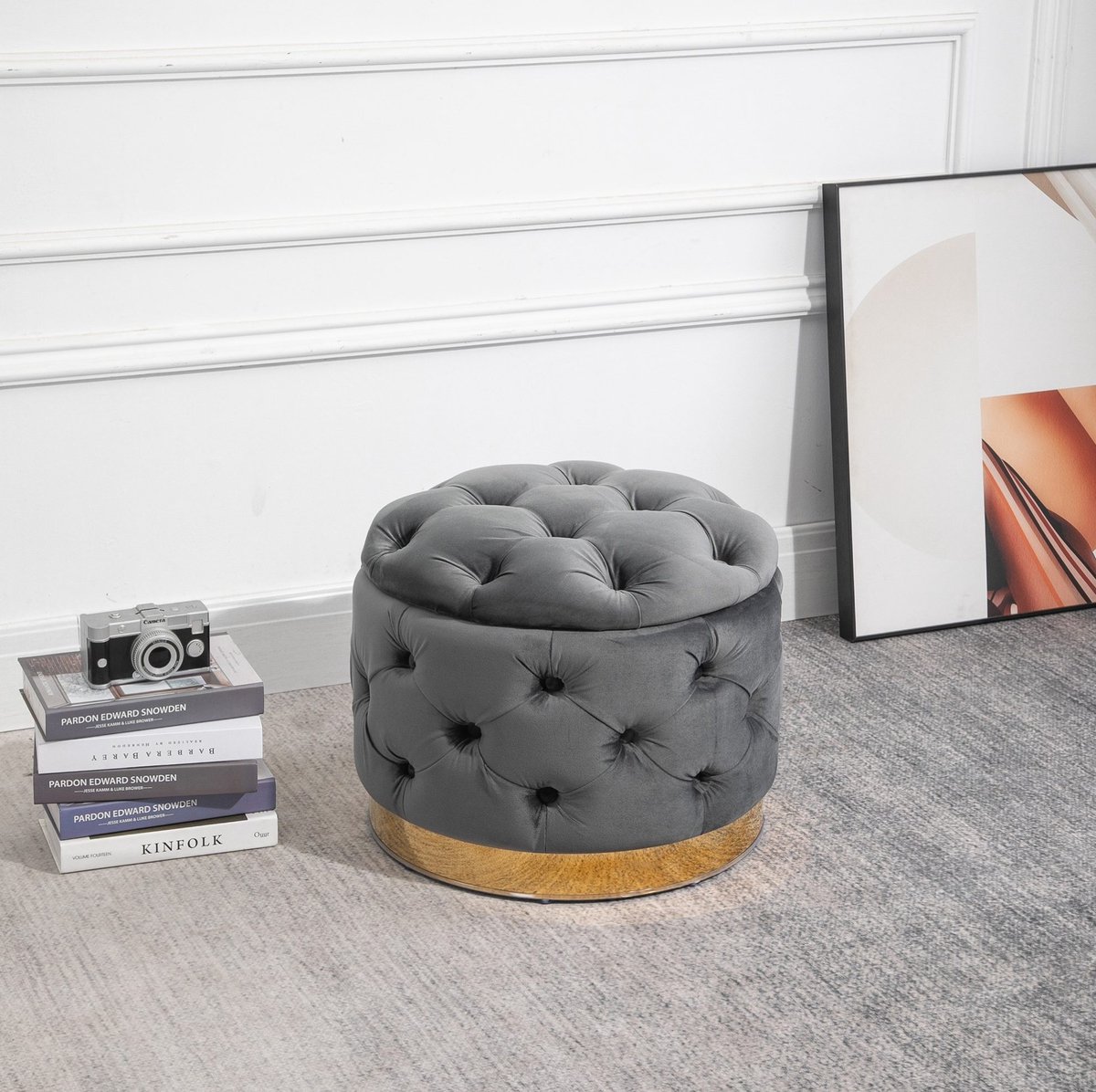 REDOM - Hocker - Met opbergruimte - Gestoffeerde zitting - Anti-slip voeten - Retro & Vintage - Woonkamer en slaapkamer - Metaal en fluweel - Koolgrijs - 55 x 55 x 42 cm
