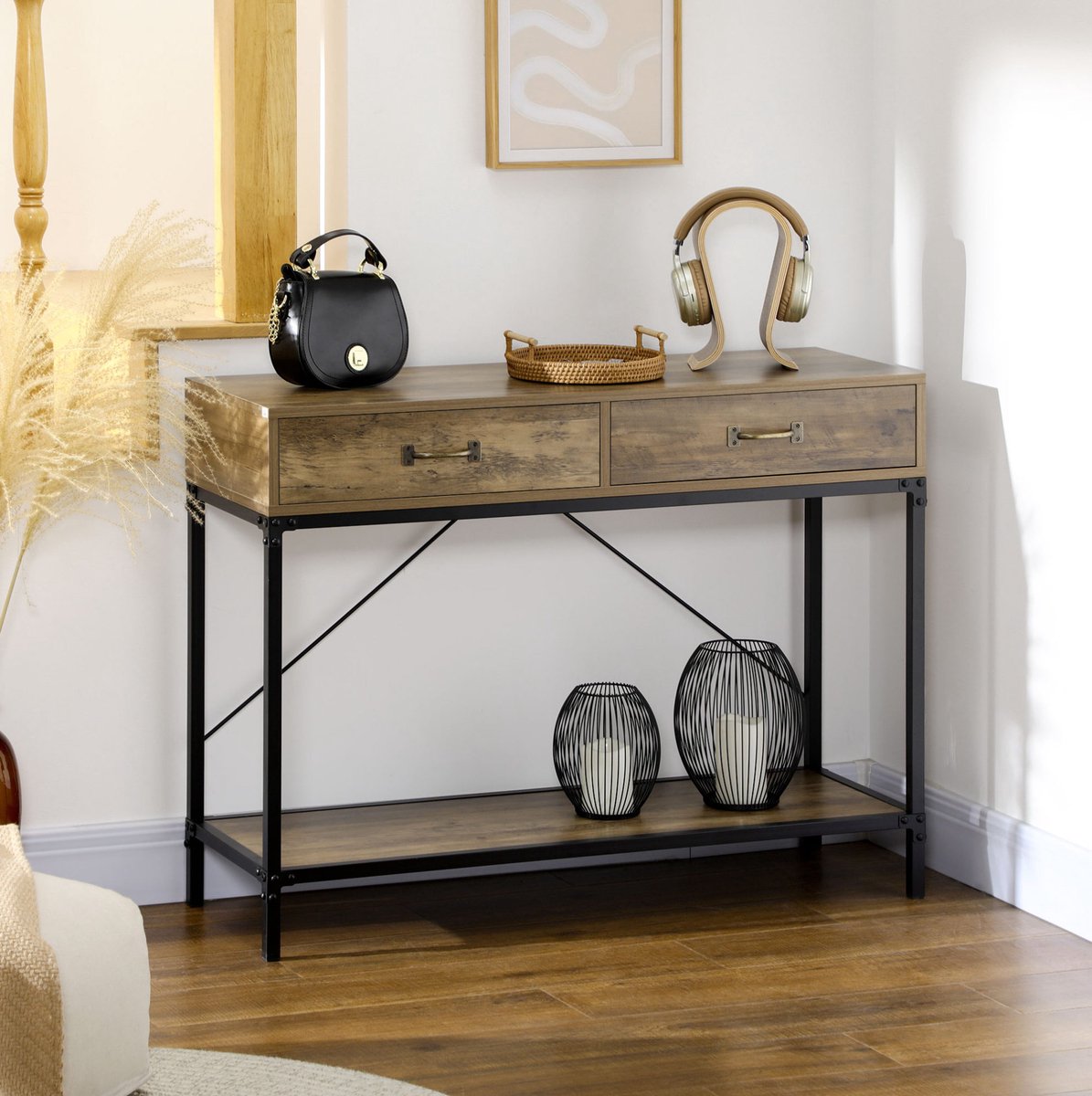 OKWISH Sidetable - Industrieel - 2 Lades - Met Onderplank - Voor Hal En Woonkamer - Hout Zwart - 100 X 35 X 76,5 Cm