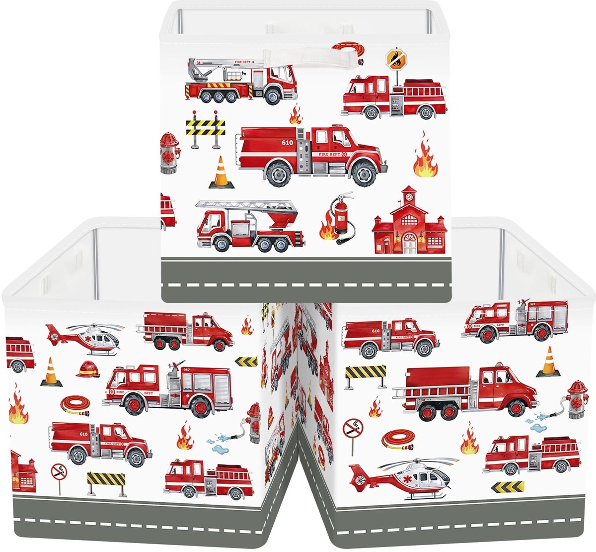 Elzusha - 30cm Opbergdozen voor Kinderen - Brandweer Voertuigen Opslagmanden Set van 3