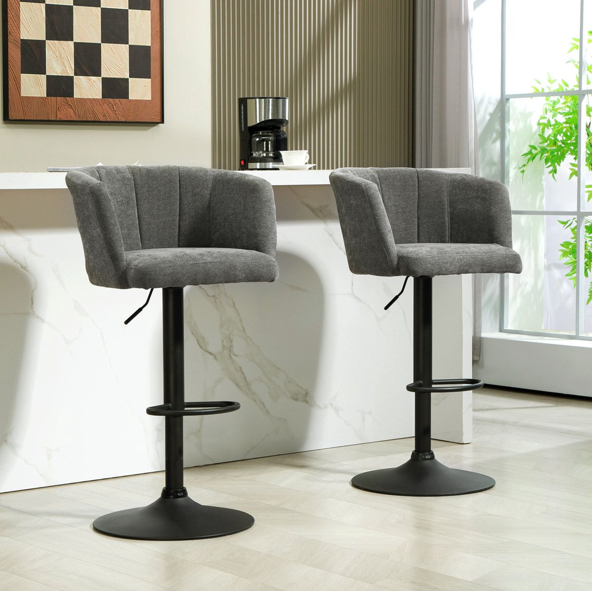 MIVRAY Barkruk Set van 2 59 x 53 x 89 110 cm - Draaibaar En In Hoogte Verstelbaar Met Voetsteun En Rugleuning - Voor Keuken En Bar - Stof - Donkergrijs