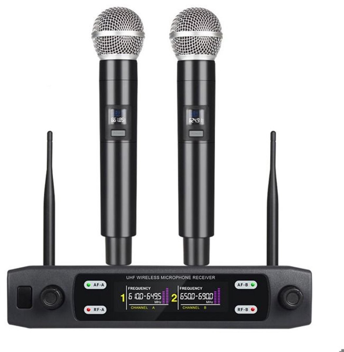 Draadloze UHF-microfoon met twee kanalen, geschikt voor karaoke, vergaderingen, podia, klaslokalen, livestreaming en optredens.