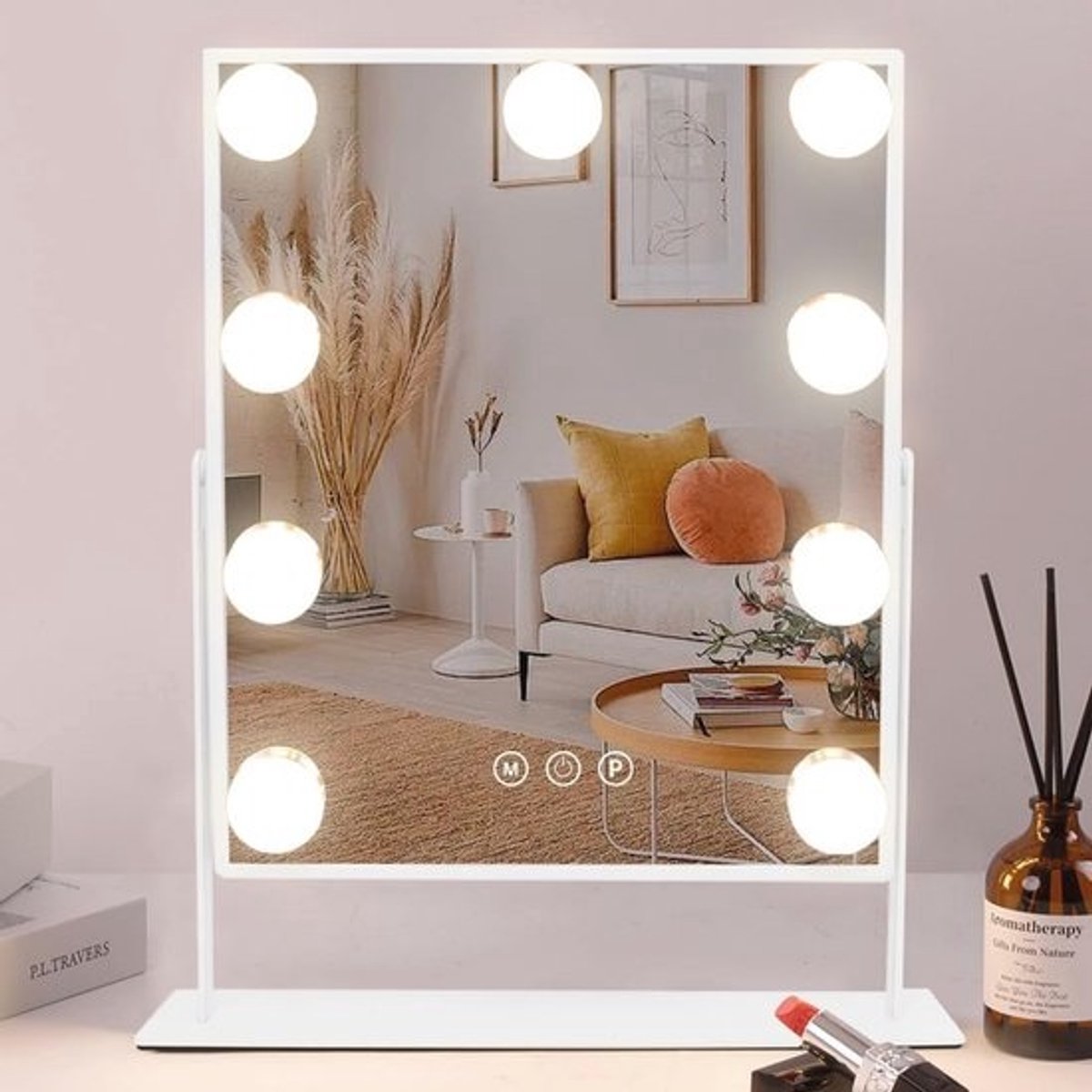 Verlichte make-upspiegel met 9 LED-lampen en 10x vergroting