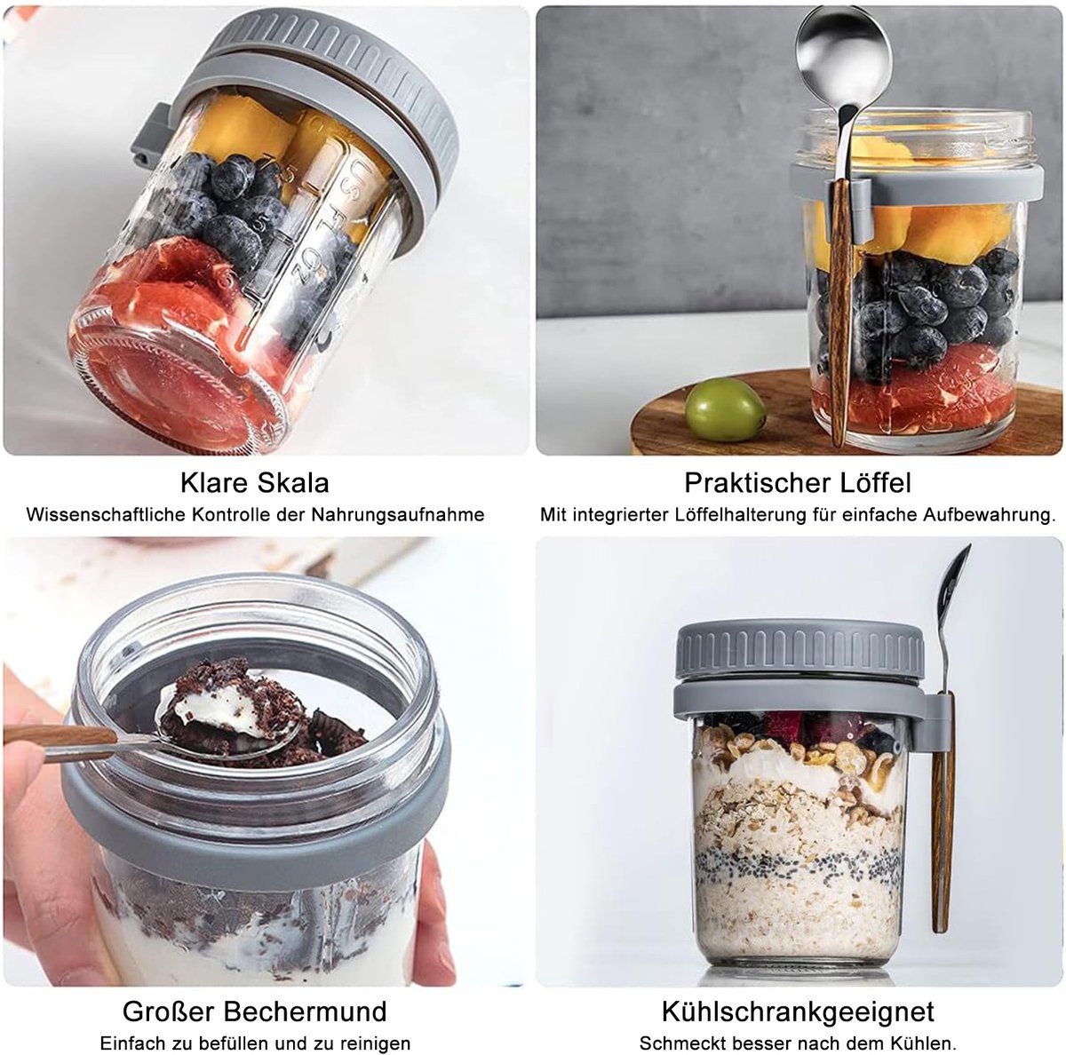 Wishdor Havermout beker to go set van 2 - Glazen pot van 350 ml met deksel en lepel - Lekvrije yoghurt beker voor ontbijt en lunch - Magnetronbestendig - Ø 8,7 x 12,2 cm — cadeau in Kookcadeaus - foto 8