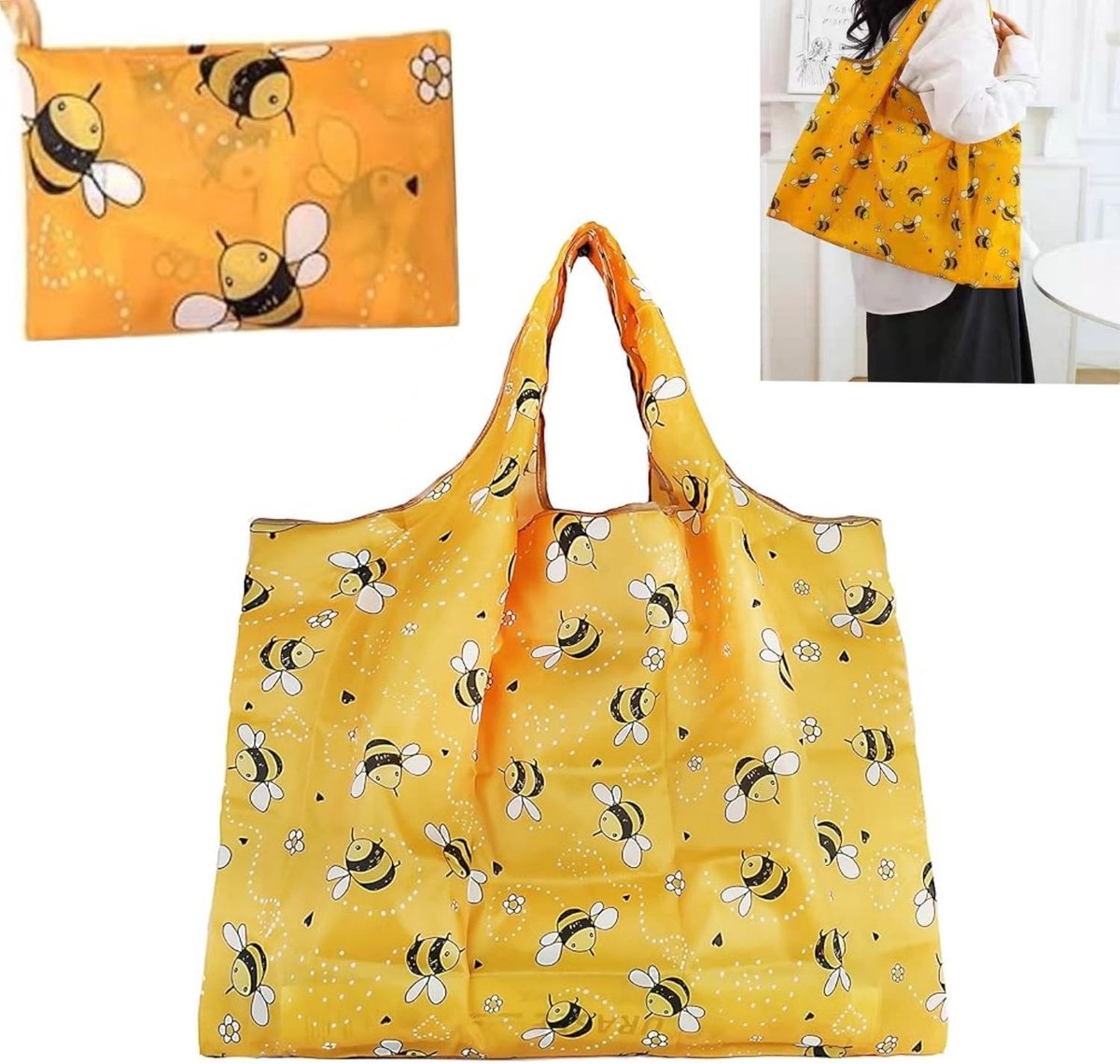 Grote Vouwbare Tas met Cartoon Bijen, Herbruikbare Lichtgewicht Winkeltas voor Boodschappen en Reizen, 50 x 60 cm