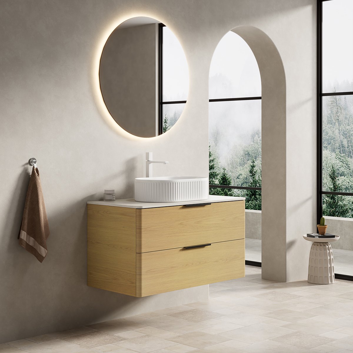 OKWISH Badkamermeubel - Hangend Badmeubel Met Waskom - 90 x 46 x 62,2 cm - 2 Lades - Travertinlook Sintersteen - Keramiek Wit Eikenlook