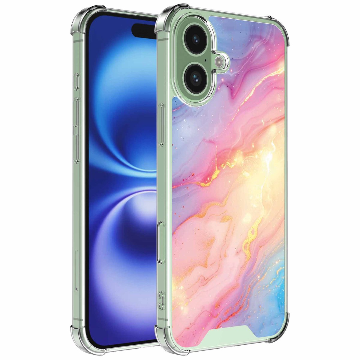 Smartphonica Geschikt voor iPhone 16 Telefoonhoesje met Glitter Marmer opdruk - Draadloos op te laden - Shockproof Siliconen TPU Strong Case - Sterk Schokbestendig Telefoonhoesje geschikt voor iPhone 16