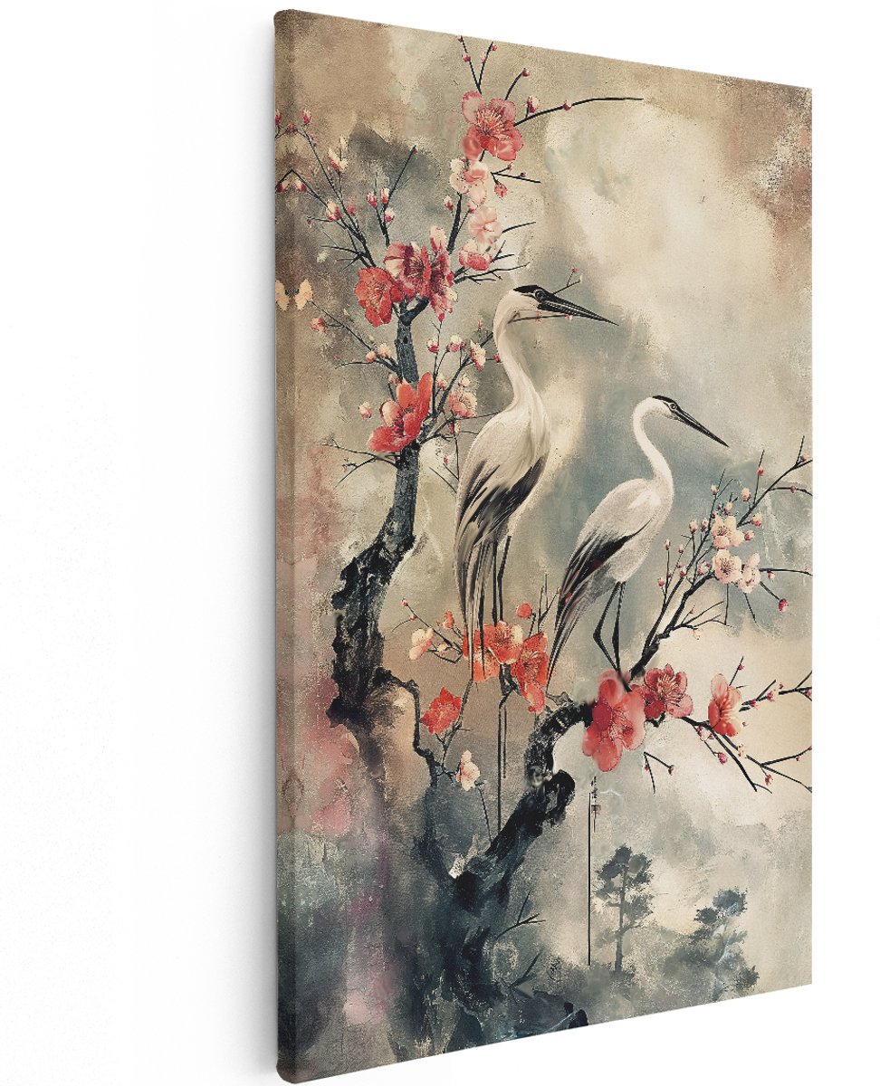 Artaza Canvas Schilderij Reigers - 100x150 cm - Groot - Wanddecoratie Japandi - Muurdecoratie Bloesem - Schilderijen Vogels - Decoratie Natuur
