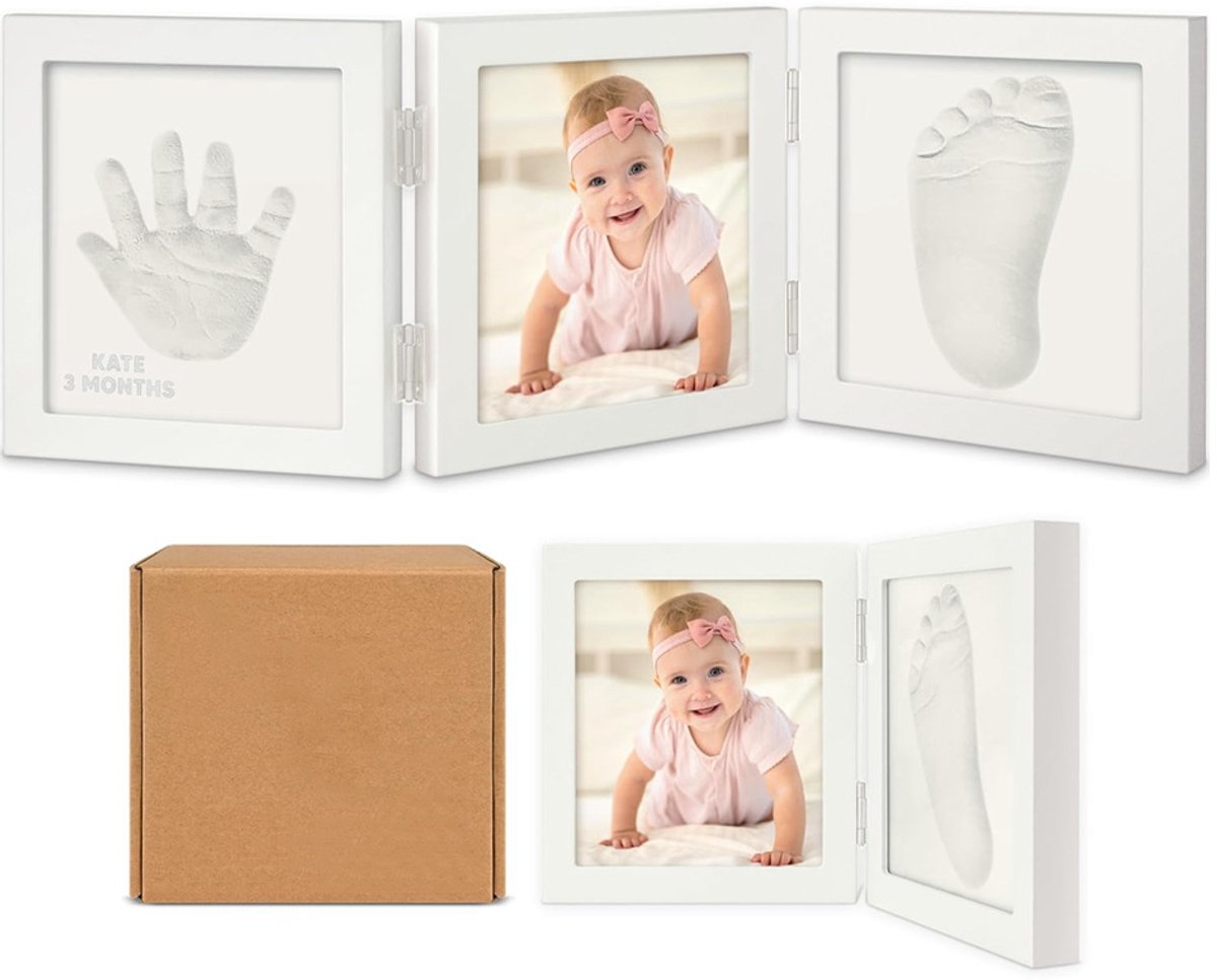 Gipsafdrukset voor babyhandjes en -voetjes – Inclusief houten 3D-lijst – Complete set voor baby-afdrukken – Inclusief verf en sjablonen met letters