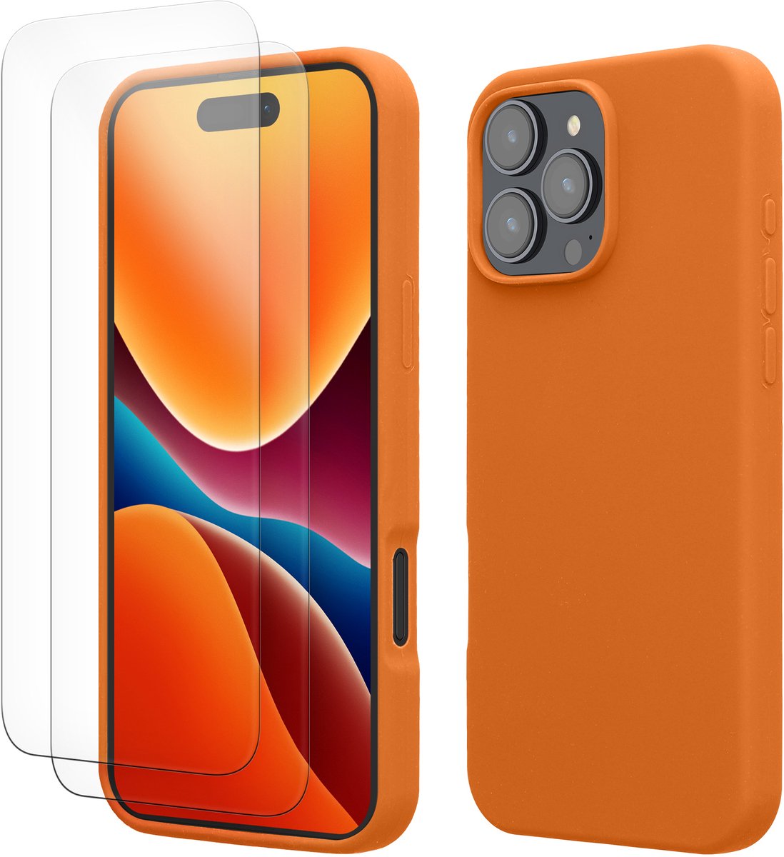 kwmobile hoes met 2x screenprotectors voor Apple iPhone 16 Pro Max – screenprotector van gehard glas – draadloos opladen – fruitig oranje
