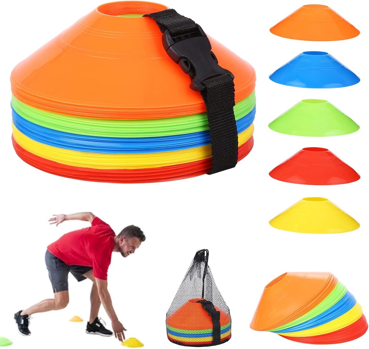 Kegels, sportkegels met gespriemen, mesh zak, voetbalkegels set voor voetbal, hockey, schaatsen, handbal of coördinatietrainingshulpmiddel (5 kleuren)