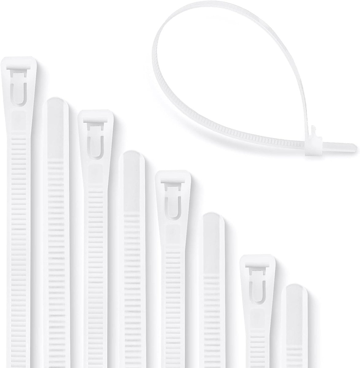 Kabelbinders, 100 stuks, afneembare kabelbinders, van robuust nylon (200 mm x 7,6 mm, wit)