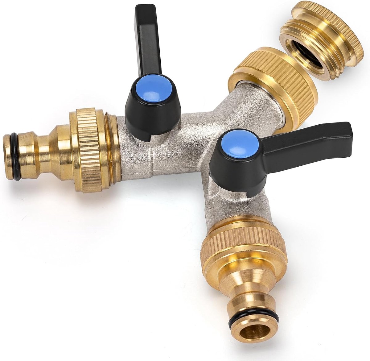 2-weg, Y-splitter 3/4 inch, messing wateraansluitverdeler, verlengde handgreep 3/4 inch adapter met 2 stuks 3/4 inch tot 1/2 inch kraanaansluiting voor thuis, tuin/wasmachine