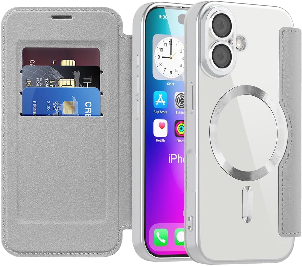 beschermhoes voor iPhone 17, compatibel met MagSafe, PU-leren flip portemonneehoes met kaartvak, RFID-vergrendeling, transparante beschermhoes voor iPhone 17, grijs titanium JD
