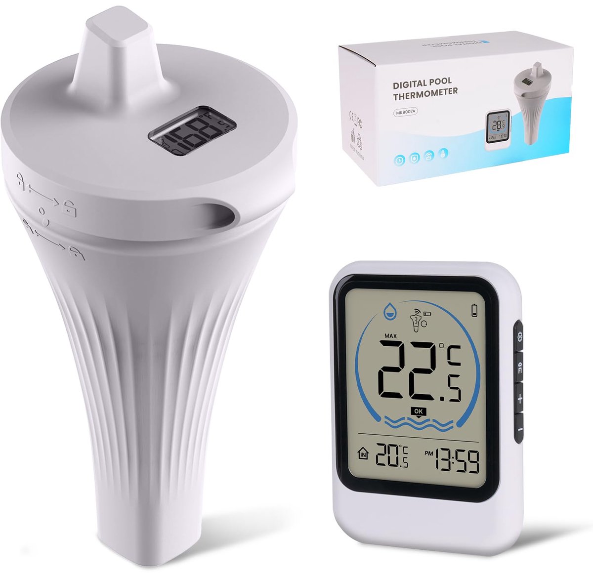 2025 Verbeterde Digitale Draadloze Zwembadthermometer, IPX7, Wifi Drijvende Waterthermometer Met Binnentemperatuur LCD-Monitor voor 80m Bereik, Badthermometer voor IJsbad, Zwembaden, Whirlpools, Spa's